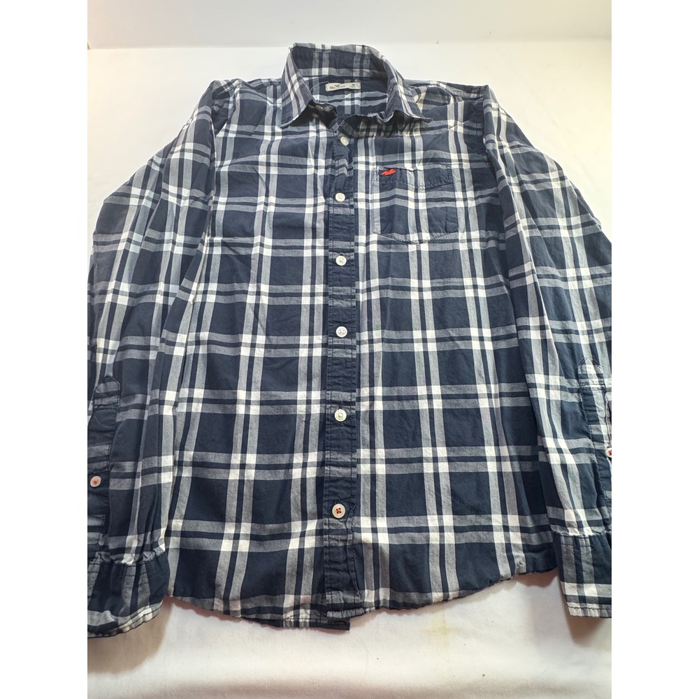 Hollister Mens Navy Blue White Plaid Long Sleeve Button Down Shirt Size M - Picture 5 of 5